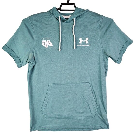 Mens Green Under Armour Short Sleeve Hoodie Shirt Modern Fit Gym Training Size M - Picture 1 of 12